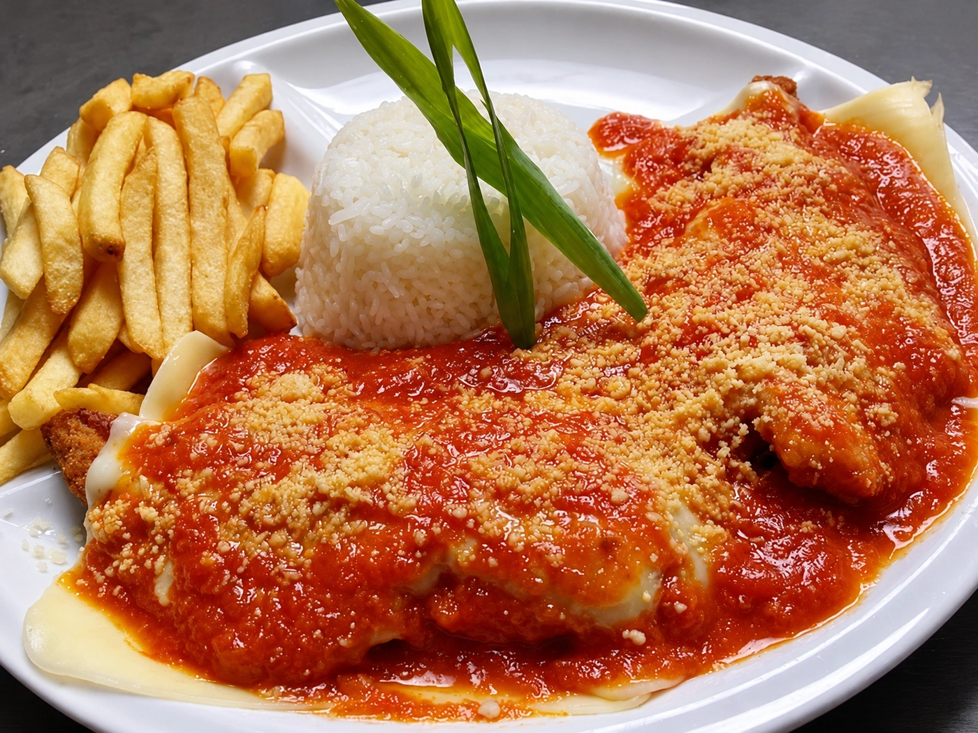 Refeição com arroz, batatas e molho